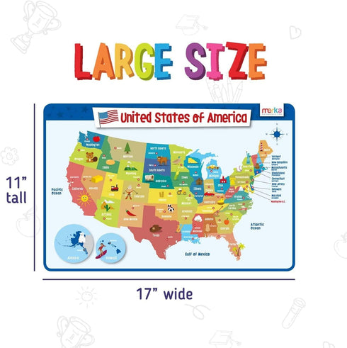 merka Placemats for Kids, 4 Pack Educational Mats for Dining Table, Non-Slip, Washable, Learning US Presidents & USA Map