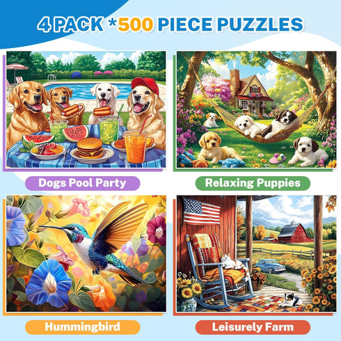 HYXCHQA 4 Packs 500 Hummingbird Country Set Piece Jigsaw Puzzles for Adults Dog Puzzle, Puppy Garden, Flower Puzzle