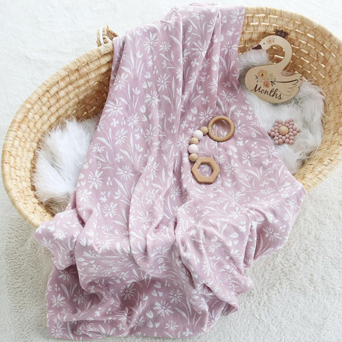 Set, Set 47 47 inches, 70% 30% LifeTree Baby Swaddle Blanket and Bow Mauve Floral Muslin Newborn Swaddle with Matching