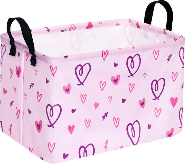 Rectangle Heart Pattern Kids Pink Storage Basket, Laundry Hamper with Handles, Baby Toys Storage Box for Boys and Girls