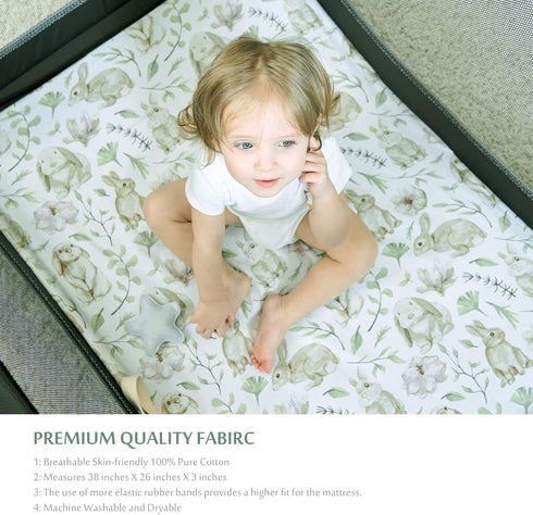 2 Pack 38X26 Pack 100% TCBunny Premium Fitted Baby Mini Crib Sheets, N Play Bassinet Sheets - Ultra-Soft Cotton