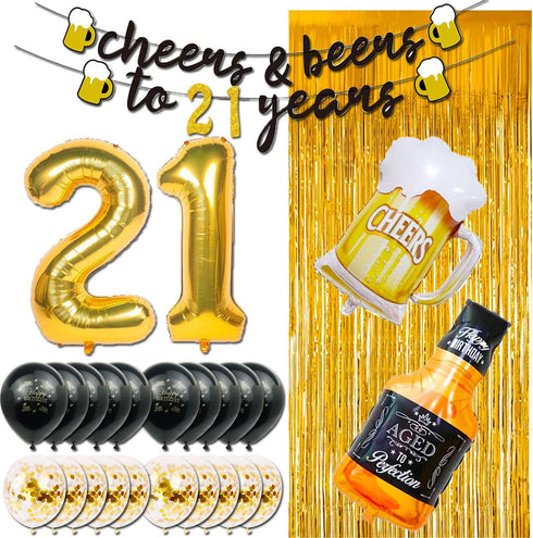 21st Birthday Decorations for Him, 40 Inch Gold 21 Number Balloons, Cheers to 21 Years Banner, Fringe Curtains and Cups