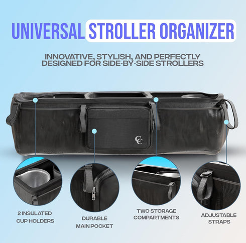 Cozee & Co. GT2 Double Stroller Organizer for Bob Duallie and Baby Jogger City Mini - Double Parent Stroller Caddy
