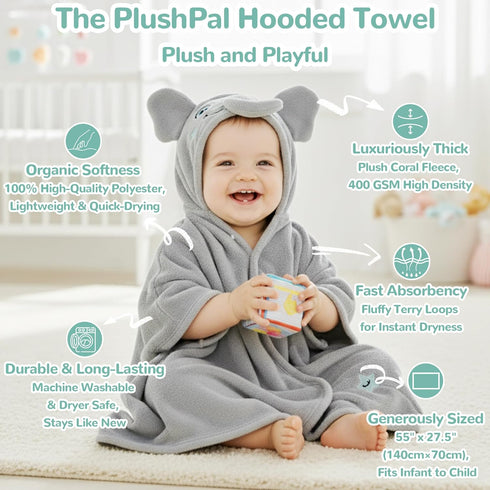 (0-5 HECCEI Toddler Hooded Bath Towel Large Plush Baby Bath Wrap Adorable Grey Elephant Design Ultra Soft Absorbent