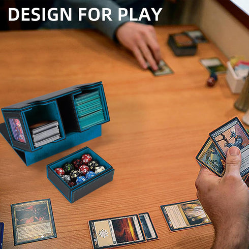 AFIING MTG Commander Card Storage Box, Fits 200 Double Sleeved Cards, 3-in-1 Card Deck Case, Black/Cyan