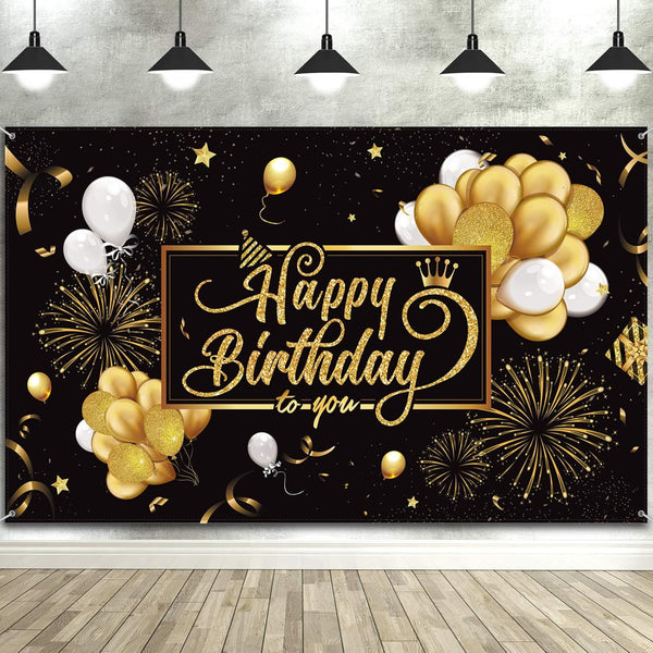 Blulu Happy Birthday Banner Sign, Large Fabric Glitter Poster for Birthday Decoration Supplies (Black and Gold)