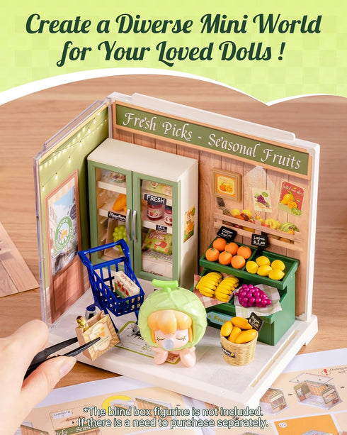 Set 14+, Rolife Super Creator Mini Series Fruits Shop, DIY Plastic Miniature Kits Retail Store Series, Mini Model House