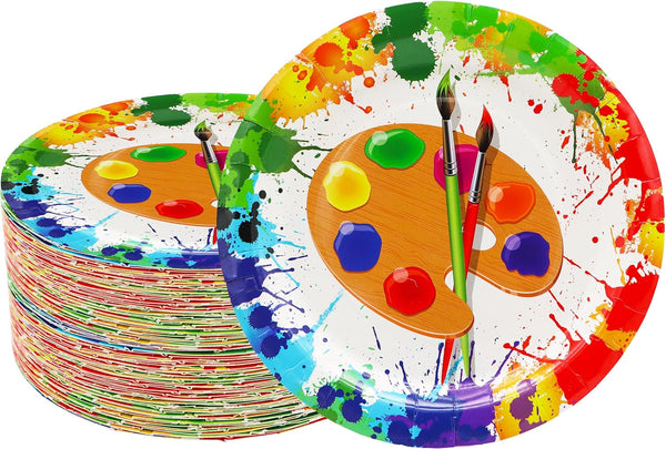 50 Pcs Art Paint Paper Plates, 7" Art Painting Dessert Plates for Painting Theme Baby Shower Birthday Party Supplies