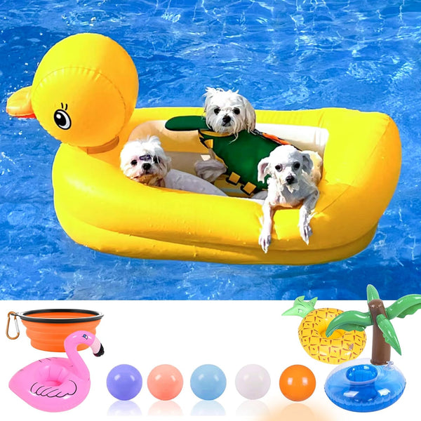 Dog Pool Floats Set with Collapsible Dog Bowl, Non-Toxic Floating Water Toys for Small Dogs, Puppies, Yellow Duck