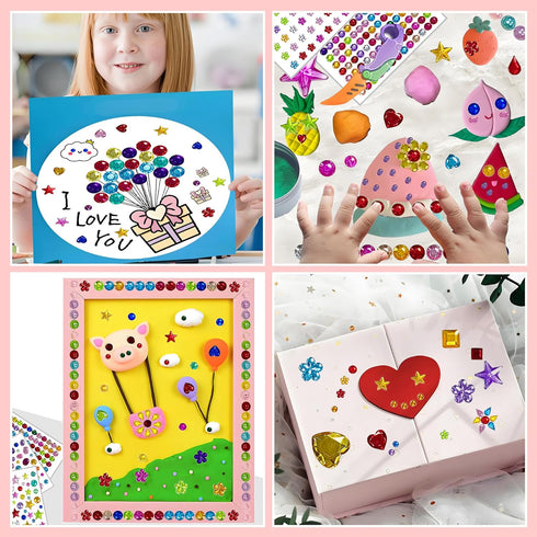 JKSJHEZO 12 1596Pcs 3D Sheets Gem Stickers Colorful Sparkle Craft Supplies, Bright Rhinestone Stickers, Self-Adhesive