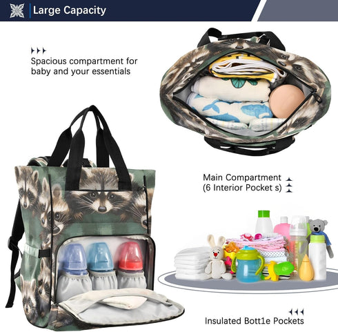 YANENDIE Backpack, Backpack Backpack Cute Raccoons Diaper Bag Unisex Travel Baby Diaper Bags with Stroller Straps