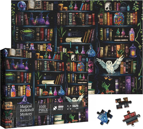 Larkipuzz Magic Book Library Puzzles for Adults 1000 Pieces, Funny Halloween Bookshelf Jigsaw