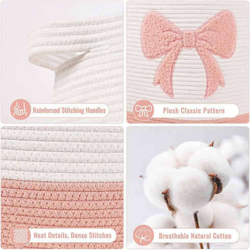 17.7"x15.7" Large Baby Laundry Hamper, Pink Bow Laundry Basket for Baby Girl, Toy and Blanket Storage Basket