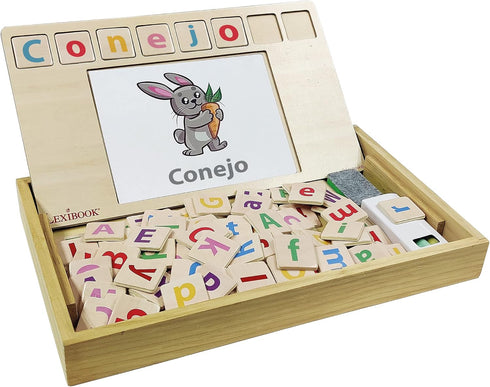50 EDU100i2 Lexibook Bio Toys Word School, Bilingual Spanish/English, Wooden Game, Word Cards, Alphabet, Educational