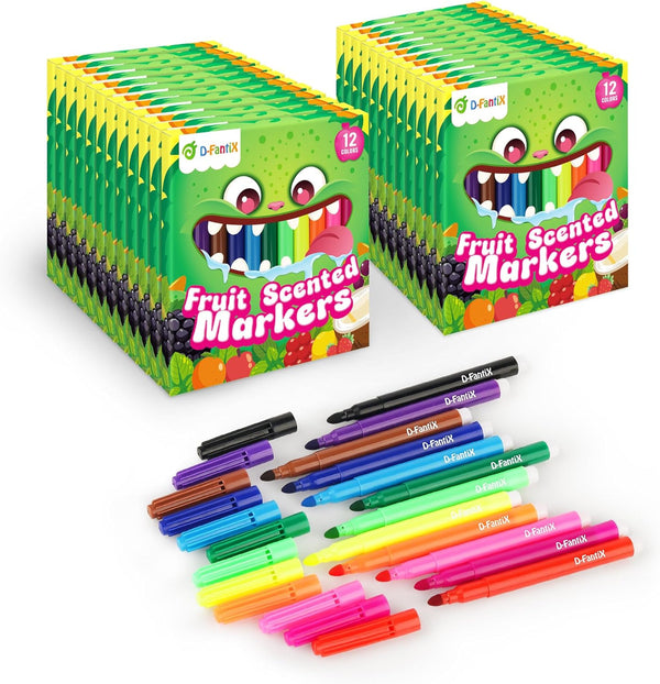 D-FantiX 24 Packs Fruit Scented Washable Markers Bulk, 288 Count Coloring Markers
