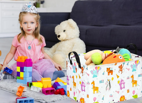 Rectangle ZOO Happy Birthday Party Gift Shelf, Nursery Storage Basket, Laundry Hamper with Handles, Toys Storage Box