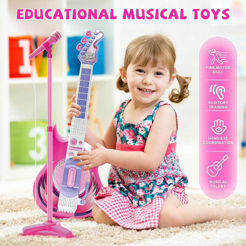 TG4 Set Contixo Musical Guitar and Microphone for Kids, Purple Electric Guitar Toys Starter Kit with Adjustable Height