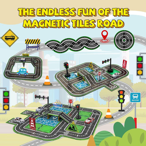 Set Pullback Set 3-5 4-8 5-7,Preschool Magnetic Tiles Road with Car & Magnet Ship,Traffic Themed Magnetic Building