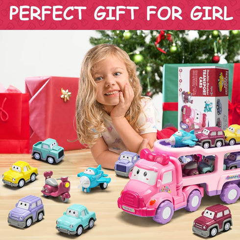 9-in-1 3 Cartoon Vehicle Toy for Toddler Girl, Pink Carrier Truck for Baby Girls, Friction Power Transport Car