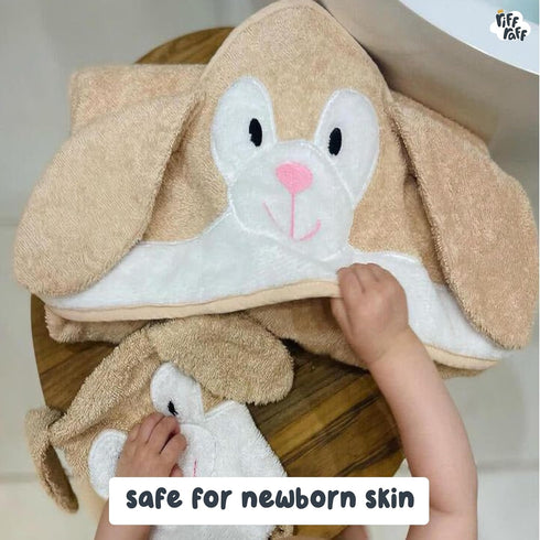 Set Riff Raff Friendly Bunny Hooded Towel - Premium Cotton Baby Towel with Mitt - Ultra Soft Machine Washable Cartoon