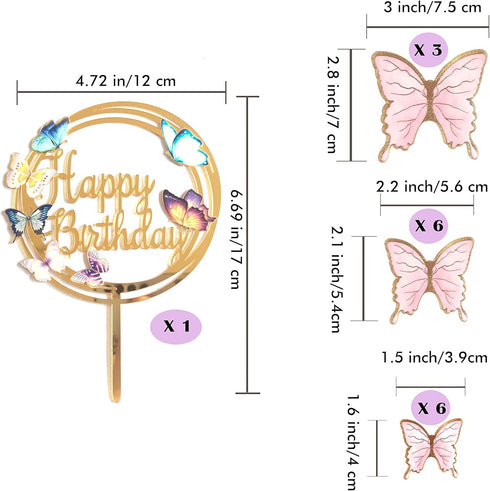 Butterfly Cake Toppers Decorations, 1 Big Happy Birthday Topper & 15Pcs 3D Pink Gold Cupcake Toppers