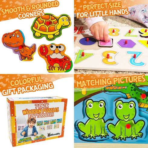 WOOODLIFY 7 Pack 2 3 4 5 7 2-5, Wooden Puzzles for Toddlers Years Old - Colorful Chunky Wood Peg Puzzles for Kids Ages