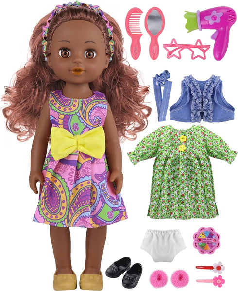 GAGAKU Black Doll for Girls, 14" Black Dolls Set for Toddlers Kids