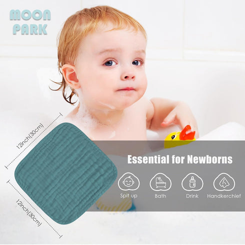 12 Pack 12x12 Inches, 100% MOON PARK Baby Washcloths, - Small Burp Cloths and Baby Wipes - Cotton Muslin Ultra Soft