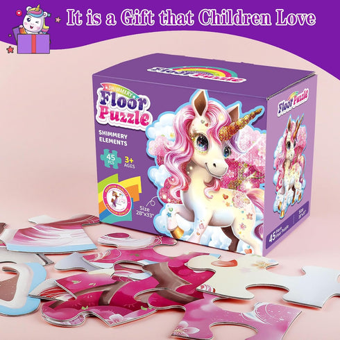 45pcs Shimmery Unicorn Shaped Jumbo Jigsaw Floor Puzzles for Kids Ages 3-5, Birthday Gift (28'' x 33'')