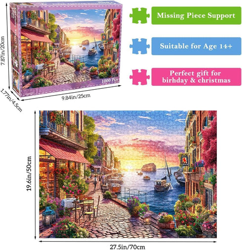 Jigsaw Puzzles for Adults 1000 Pieces, Interlock Perfectly Letter on Back No Dust, Home Decor Birthday Party Gift Toy for Men Women Elders Seniors, 1:1 Poster(Charming Streets Scene)
