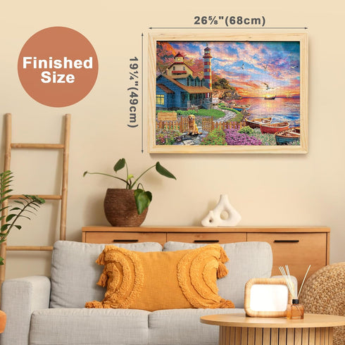 1000 Sunset BenBen Puzzles for Adults Pieces, Lighthouse, Jigsaw Puzzles with Letters or Patterns on Back, Challenging
