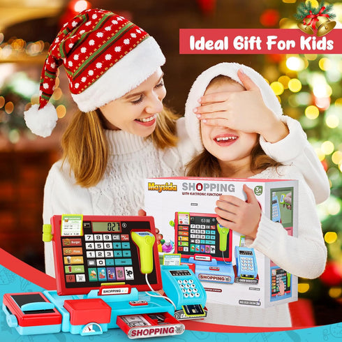 52PCS 3 4 5 6 maysida Toy Cash Register for Kids with Sound Music/Scanner/Microphone/Credit Card/Play Money, Pretend