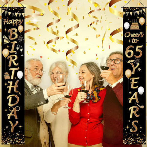 2 Pieces Black and Gold 65th Birthday Party Decorations, Cheers to 65 Years Banner for Men and Women