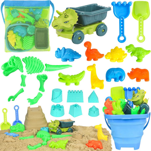 Beach Toys, Dinosaur Sand Toys with Dump Truck, Collapsible Beach Bucket, Shovel, Rake, and Sand Castle Molds