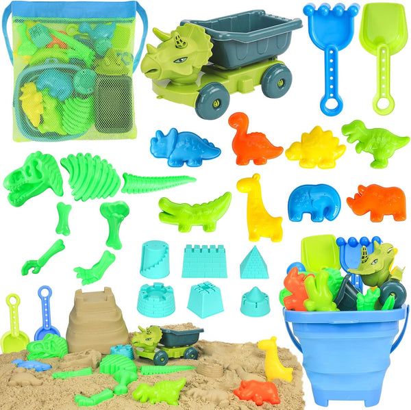 Beach Toys, Dinosaur Sand Toys with Dump Truck, Collapsible Beach Bucket, Shovel, Rake, and Sand Castle Molds