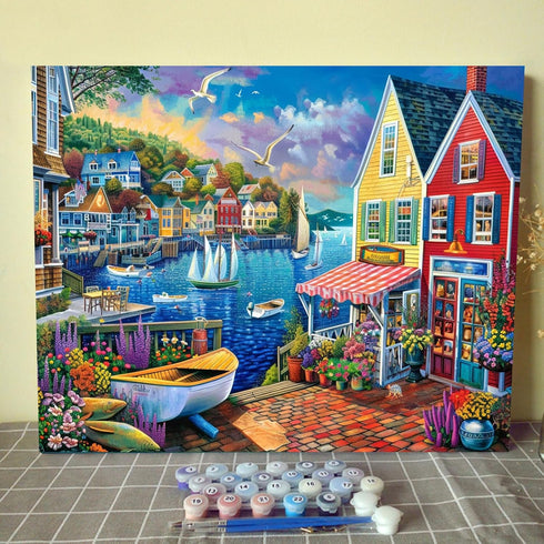 Colorful Coastal Town Paint by Number Kits, 16 x 20 inch Canvas DIY Oil Painting for Kids, Students, Adults with Brushes