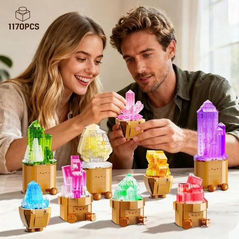 9 Pack Set 1170PCS CUBIMANA Easter Party Favor Mineral Mini Building with LED Light, Crystals Flower Bonsai Block Toy