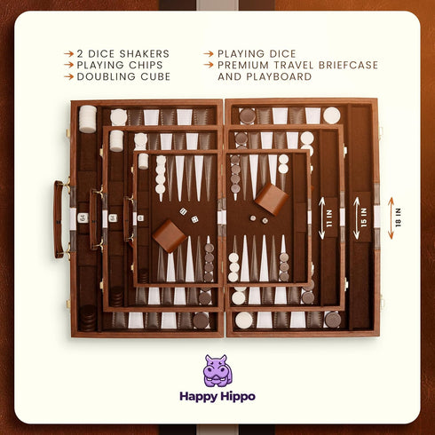 Happy Hippo Backgammon Backgammon (11")) Board Game, Deluxe Leather Like Case, Felt Interior, Brown, Classic Game