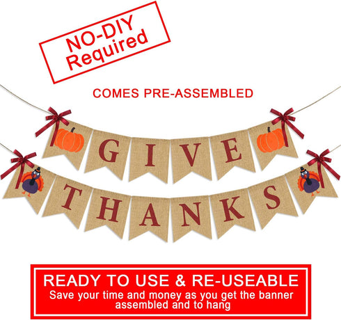 Give Thanks Burlap Banner - Rustic Thanksgiving Decorations - Turkey Pumpkin Bunting for Party Supplies