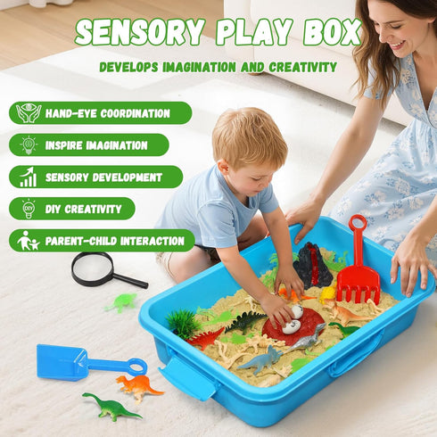 2.64lbs 3 4 5 6 7+ Dinosaur Sensory Bin with Lid, Magic Sand, Dino Figures, Skeletons & Archaeology Tools, Sensory Sand