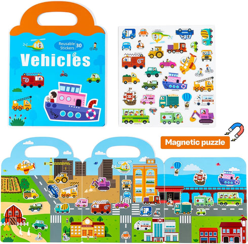 pinkking Magnetic Reusable Sticker Book for Kids Ages 3-6, Vehicles Truck with City