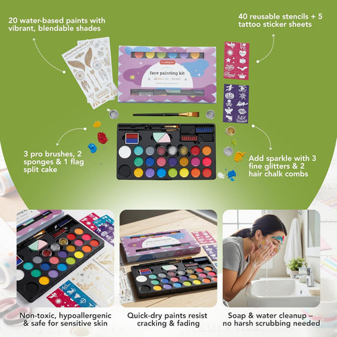 24 Incraftables Non-Toxic Water-Based Face Paint Kit Colors with Brushes, Stencils & Glitter for DIY Art, Cosplay