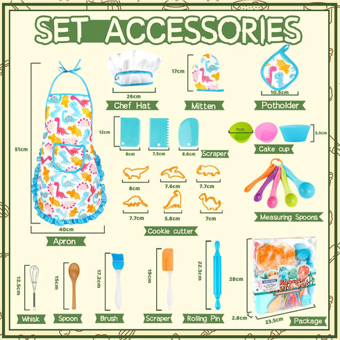Set, 26Pcs 3-8 KAEGREEL Kids Baking Chef with Dinosaur Apron & Hat Role Play Cooking Chef Cooking Dress Up Toys