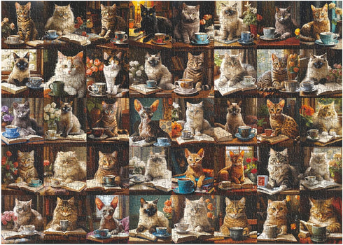 Cat Puzzles for Adults 1000 Pieces and Up, Vintage Cat Animal Puzzle Collects 40 Coffee Book Cats Collage Jigsaw Puzzle, Retro Funny Kitten Puzzle as Cat Wall Decor