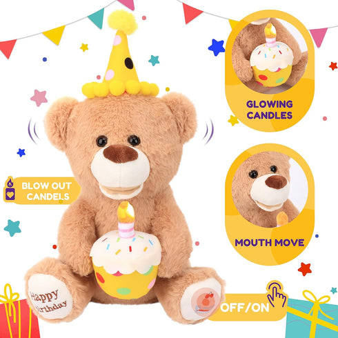 Hopearl Happy Birthday Teddy Bear with Glowing Cupcake - Musical Stuffed Animal Bear, Interactive Kids Gift, Brown