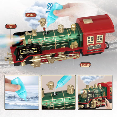 PaLeyFer Set 3 8 Kids Electric Train - Remote Control w/Smoke, Sounds, Lights - Rechargeable for Christmas Tree - Train