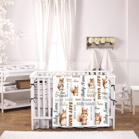 Novusopt Personalized Squirrel Baby Blanket - Custom Name Receiving Blanket for Boys, Newborn Soft Nursery Blankets