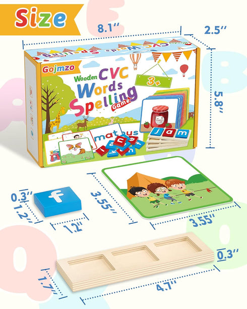 Gojmzo Wooden CVC Word Spelling Games, Montessori Educational Toys Gifts for 3-6 Year Old Kids, Sight Words Flash Cards
