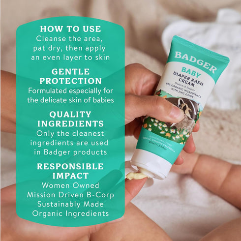 2.9 oz, 2-Pack Badger Baby Diaper Rash Cream, Zinc Oxide Diaper Cream for Babies, Natural Skin Barrier Cream