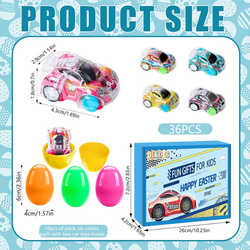 36pcs Easter Pull Back Cars with Easter Eggs, Mini Race Cars for Kids Easter Basket Stuffers and Party Favors
